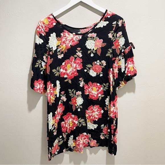 BILLABONG Girls Black Floral Print ALWAYS ON VACATION Rayon Dress Bell Sleeve L - Picture 3 of 9